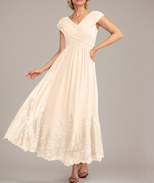 A-line V-Neck Ankle-Length Chiffon Mother of the Bride Dress With Applique Sequins