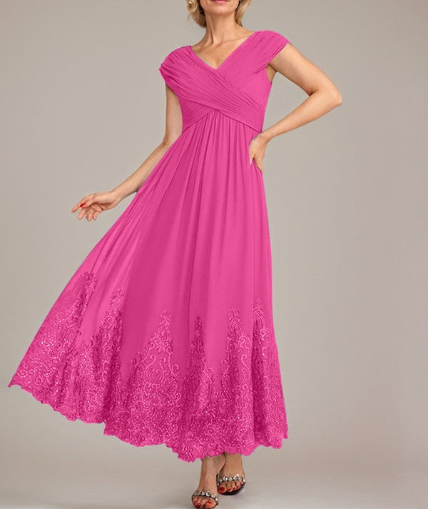 A-line V-Neck Ankle-Length Chiffon Mother of the Bride Dress With Applique Sequins