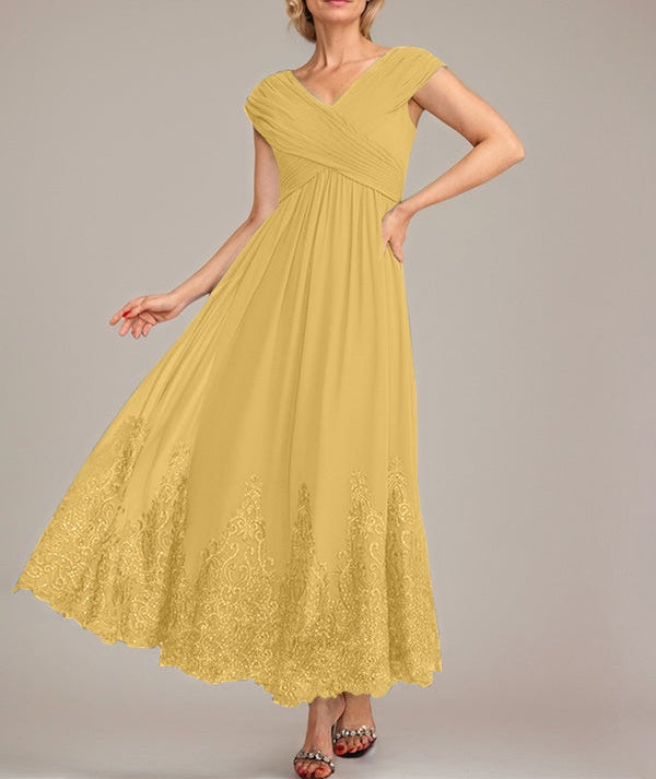 A-line V-Neck Ankle-Length Chiffon Mother of the Bride Dress With Applique Sequins