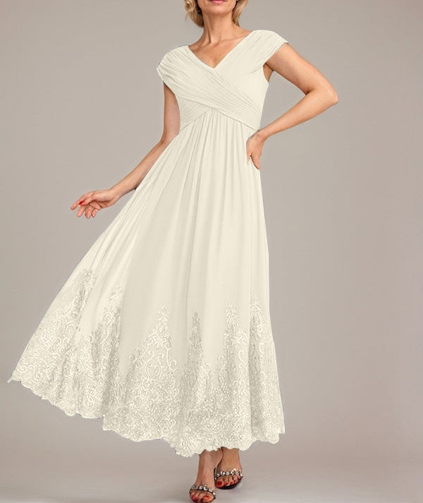 A-line V-Neck Ankle-Length Chiffon Mother of the Bride Dress With Applique Sequins