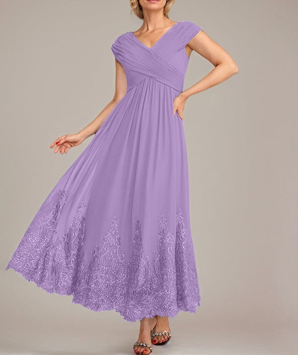 A-line V-Neck Ankle-Length Chiffon Mother of the Bride Dress With Applique Sequins