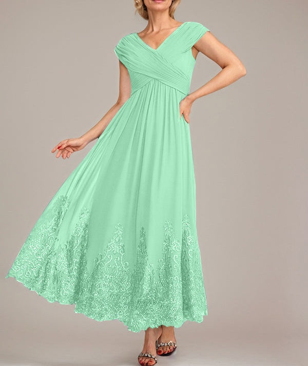 A-line V-Neck Ankle-Length Chiffon Mother of the Bride Dress With Applique Sequins