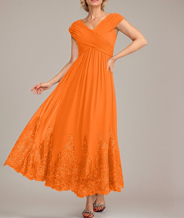 A-line V-Neck Ankle-Length Chiffon Mother of the Bride Dress With Applique Sequins