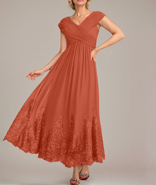 A-line V-Neck Ankle-Length Chiffon Mother of the Bride Dress With Applique Sequins