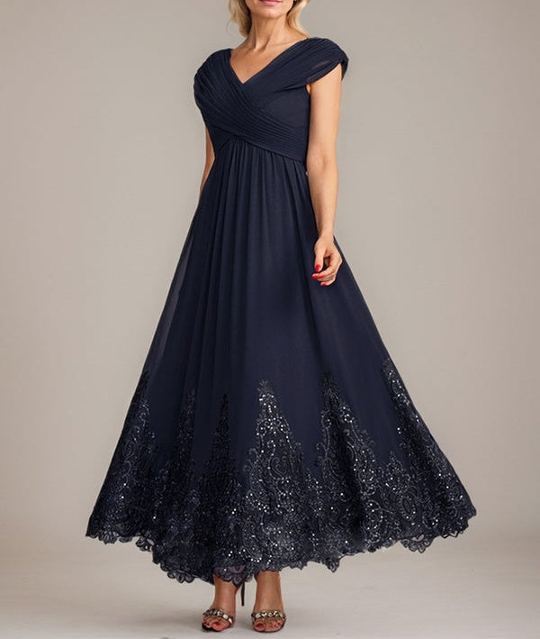 A-line V-Neck Ankle-Length Chiffon Mother of the Bride Dress With Applique Sequins
