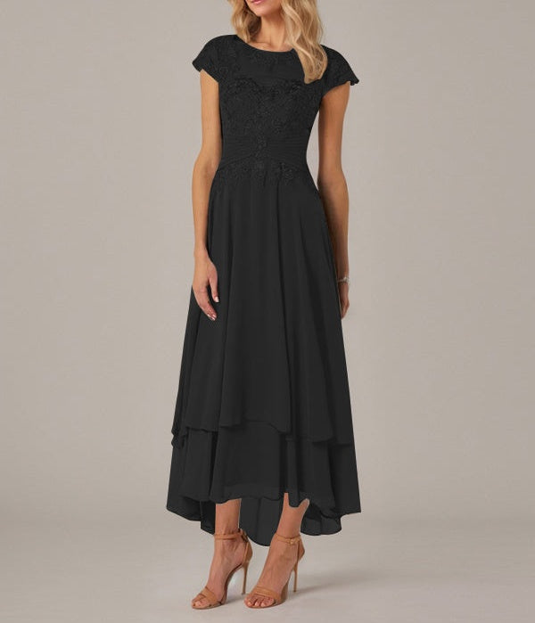 A-line Boat Neck Illusion Asymmetrical Chiffon Lace Mother of the Bride Dress With Applique Pleats