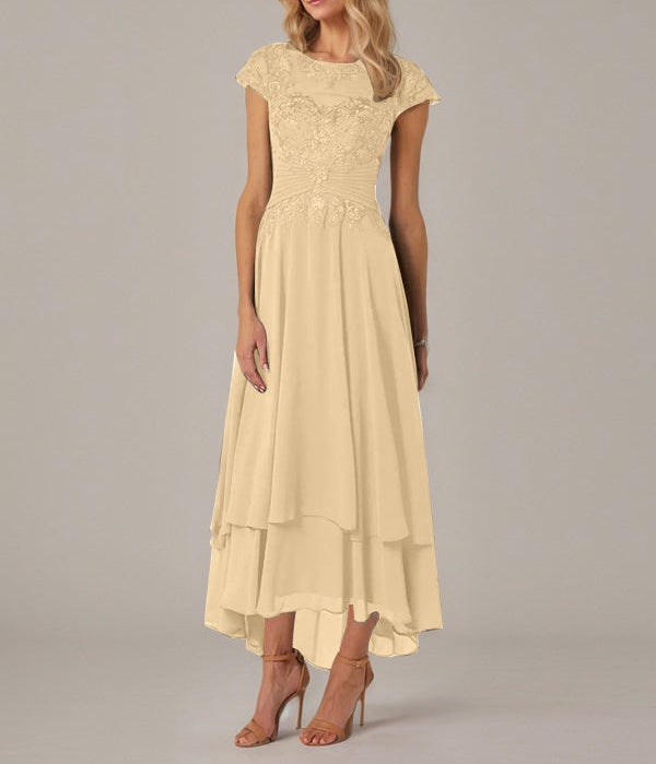A-line Boat Neck Illusion Asymmetrical Chiffon Lace Mother of the Bride Dress With Applique Pleats