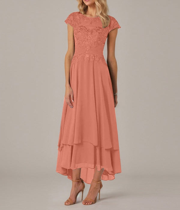 A-line Boat Neck Illusion Asymmetrical Chiffon Lace Mother of the Bride Dress With Applique Pleats