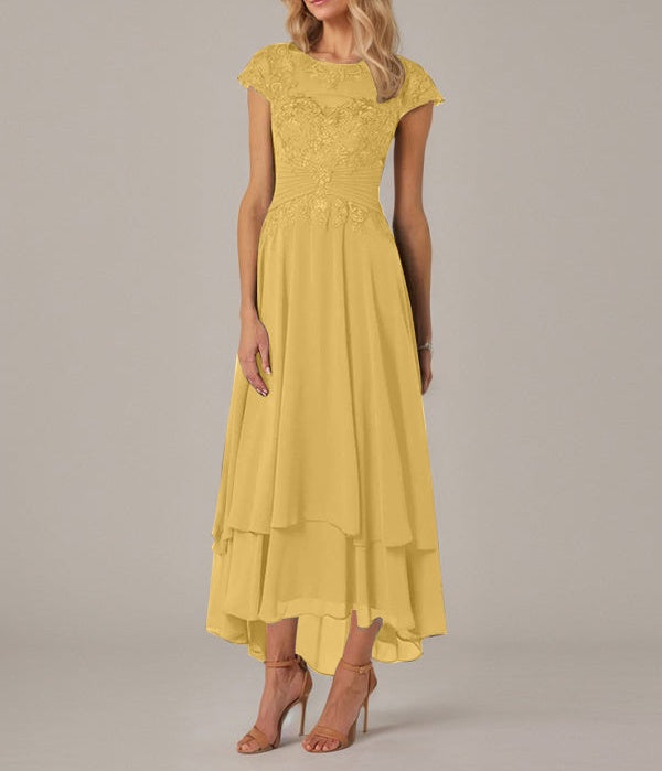 A-line Boat Neck Illusion Asymmetrical Chiffon Lace Mother of the Bride Dress With Applique Pleats