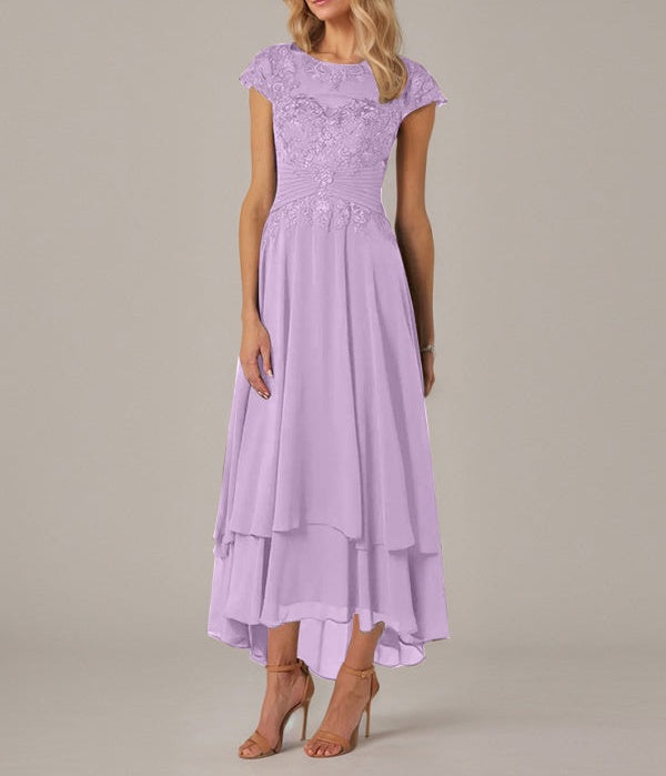 A-line Boat Neck Illusion Asymmetrical Chiffon Lace Mother of the Bride Dress With Applique Pleats
