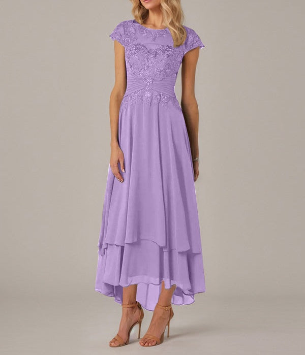 A-line Boat Neck Illusion Asymmetrical Chiffon Lace Mother of the Bride Dress With Applique Pleats