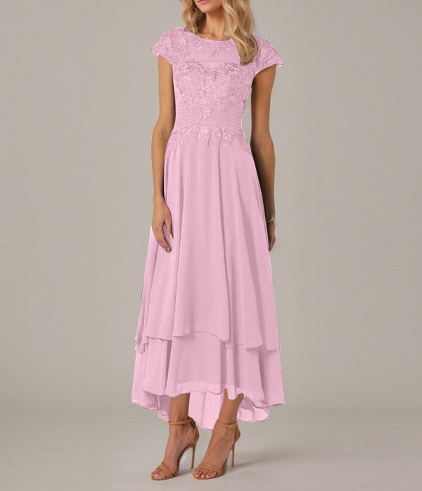 A-line Boat Neck Illusion Asymmetrical Chiffon Lace Mother of the Bride Dress With Applique Pleats