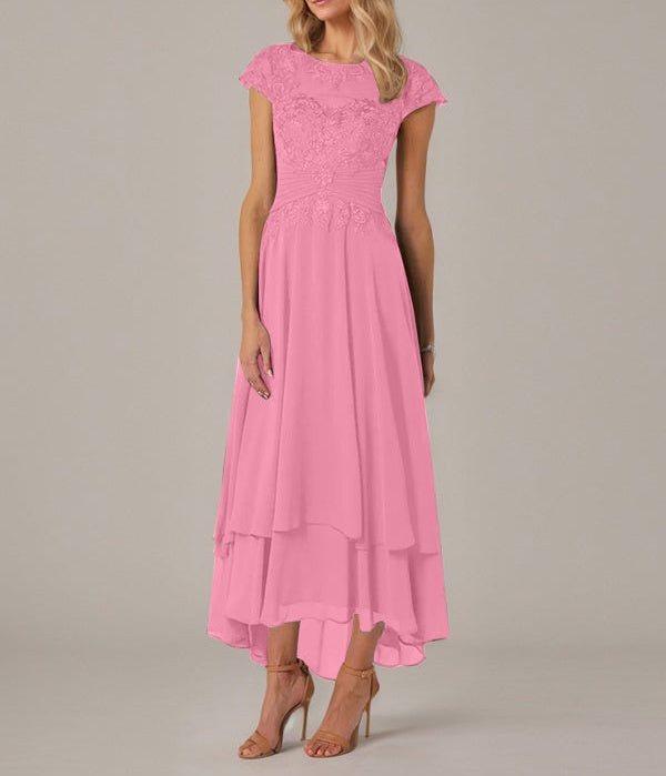 A-line Boat Neck Illusion Asymmetrical Chiffon Lace Mother of the Bride Dress With Applique Pleats