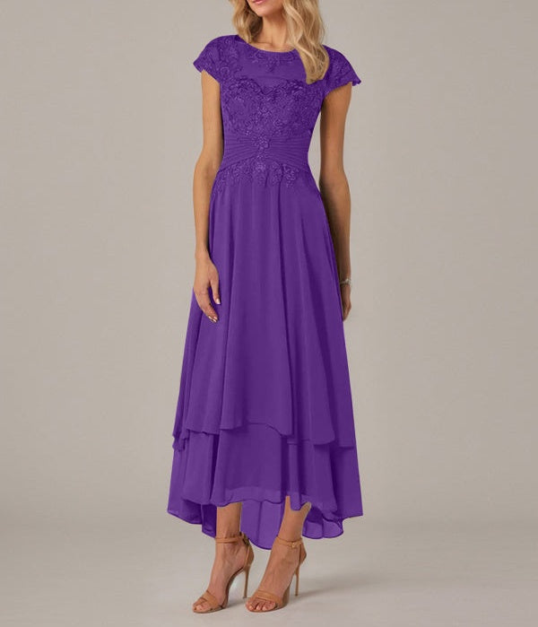 A-line Boat Neck Illusion Asymmetrical Chiffon Lace Mother of the Bride Dress With Applique Pleats
