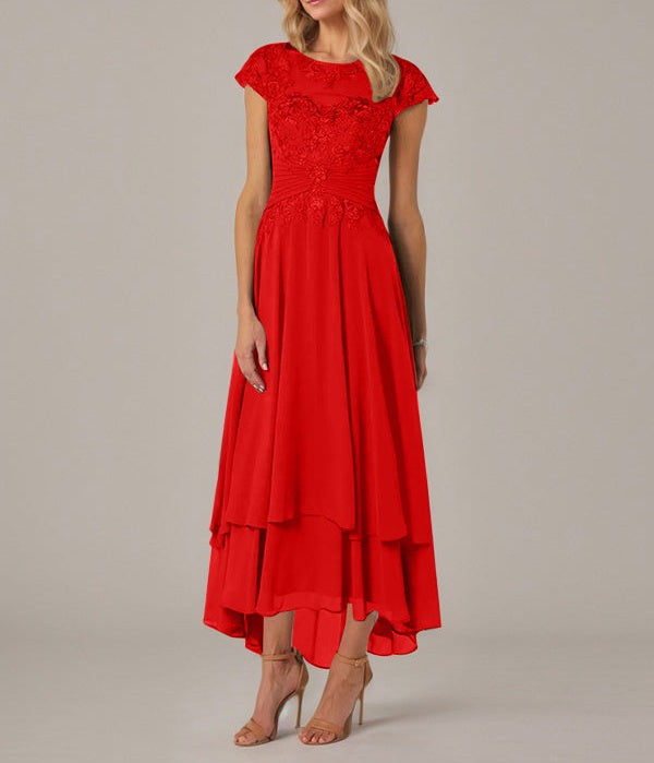 A-line Boat Neck Illusion Asymmetrical Chiffon Lace Mother of the Bride Dress With Applique Pleats