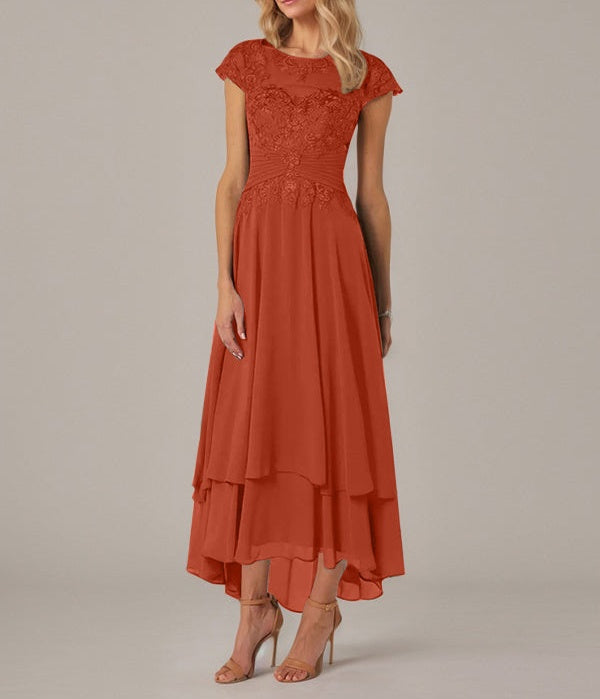 A-line Boat Neck Illusion Asymmetrical Chiffon Lace Mother of the Bride Dress With Applique Pleats