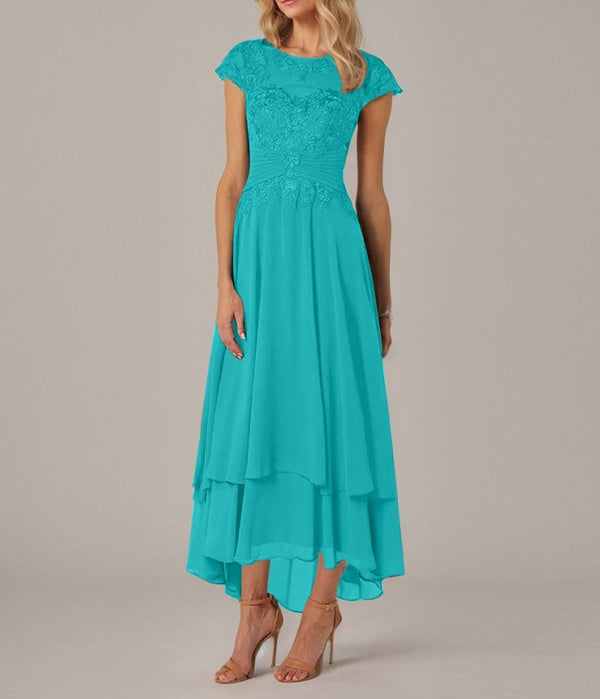 A-line Boat Neck Illusion Asymmetrical Chiffon Lace Mother of the Bride Dress With Applique Pleats