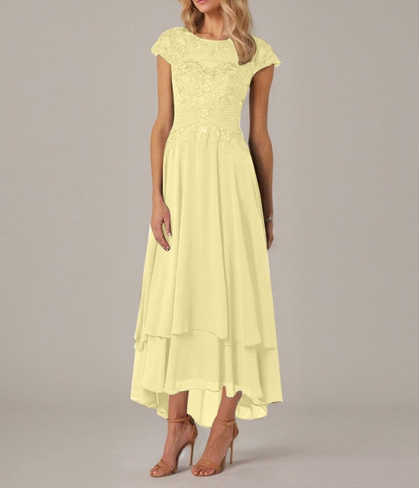 A-line Boat Neck Illusion Asymmetrical Chiffon Lace Mother of the Bride Dress With Applique Pleats