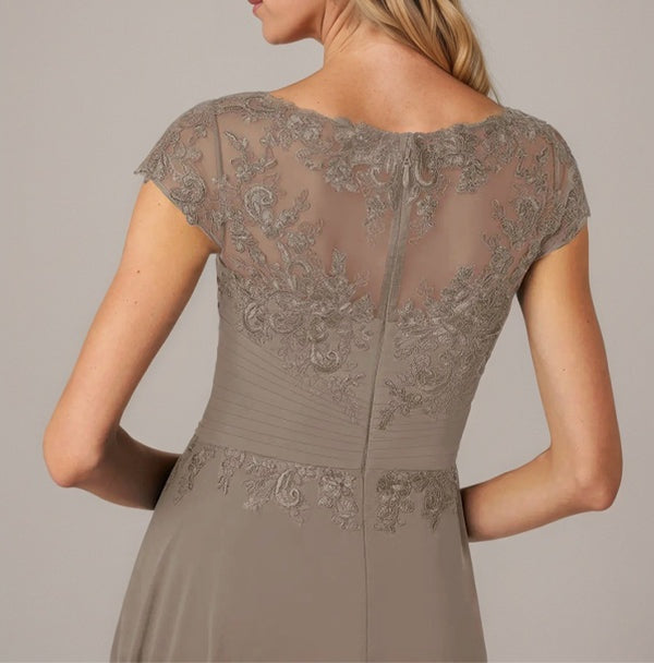 A-line Boat Neck Illusion Asymmetrical Chiffon Lace Mother of the Bride Dress With Applique Pleats