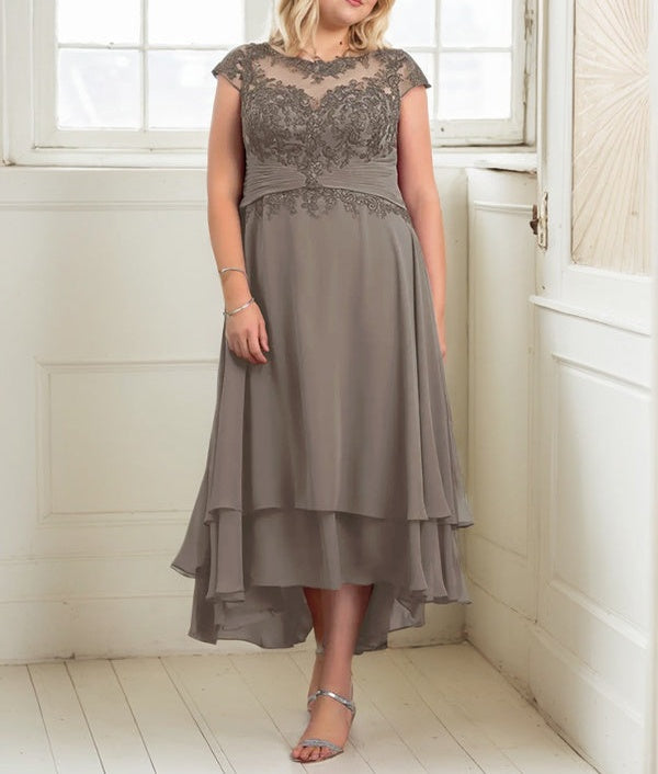 A-line Boat Neck Illusion Asymmetrical Chiffon Lace Mother of the Bride Dress With Applique Pleats