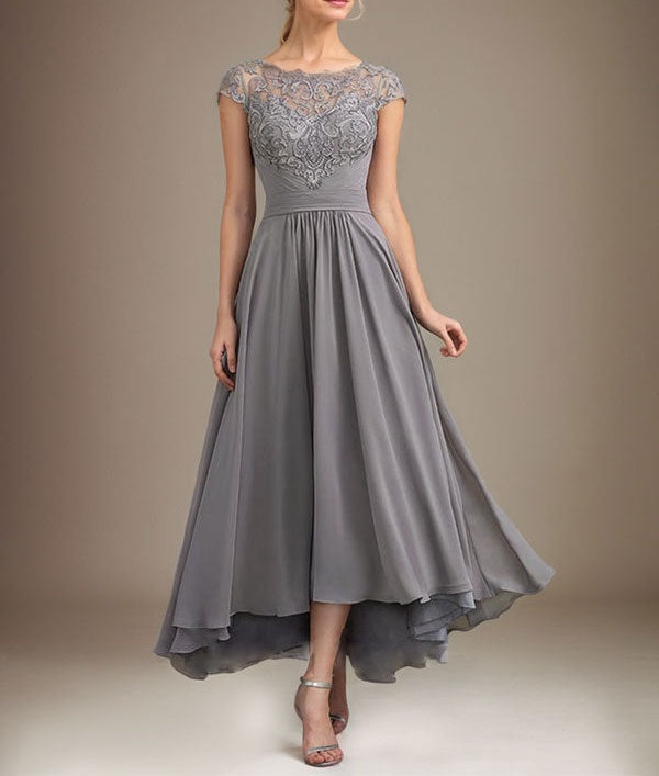 A-line Scoop Illusion Asymmetrical Lace Chiffon Mother of the Bride Dress With Pleated