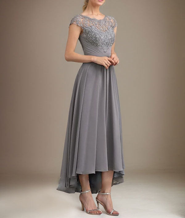 A-line Scoop Illusion Asymmetrical Lace Chiffon Mother of the Bride Dress With Pleated