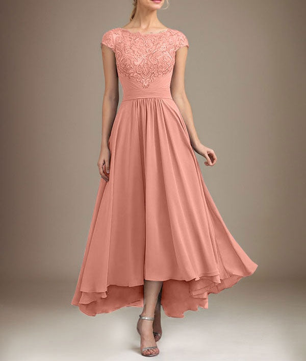 A-line Scoop Illusion Asymmetrical Lace Chiffon Mother of the Bride Dress With Pleated