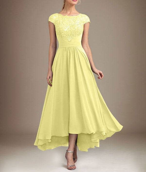A-line Scoop Illusion Asymmetrical Lace Chiffon Mother of the Bride Dress With Pleated