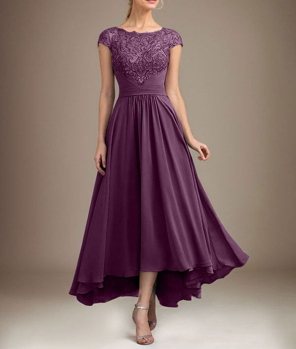 A-line Scoop Illusion Asymmetrical Lace Chiffon Mother of the Bride Dress With Pleated