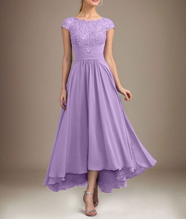 A-line Scoop Illusion Asymmetrical Lace Chiffon Mother of the Bride Dress With Pleated