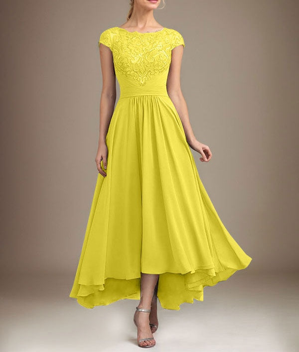 A-line Scoop Illusion Asymmetrical Lace Chiffon Mother of the Bride Dress With Pleated