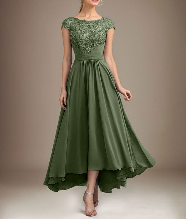 A-line Scoop Illusion Asymmetrical Lace Chiffon Mother of the Bride Dress With Pleated