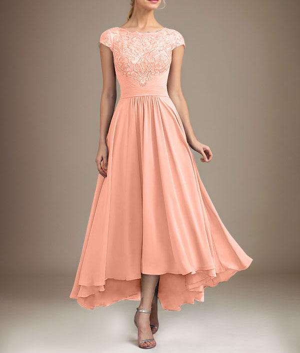 A-line Scoop Illusion Asymmetrical Lace Chiffon Mother of the Bride Dress With Pleated