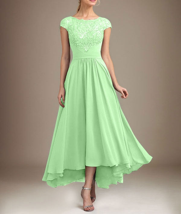 A-line Scoop Illusion Asymmetrical Lace Chiffon Mother of the Bride Dress With Pleated