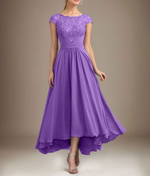 A-line Scoop Illusion Asymmetrical Lace Chiffon Mother of the Bride Dress With Pleated