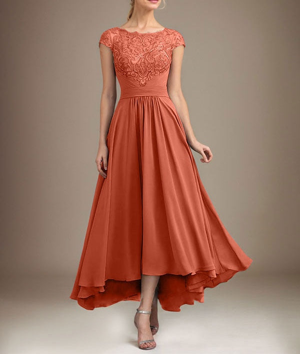 A-line Scoop Illusion Asymmetrical Lace Chiffon Mother of the Bride Dress With Pleated