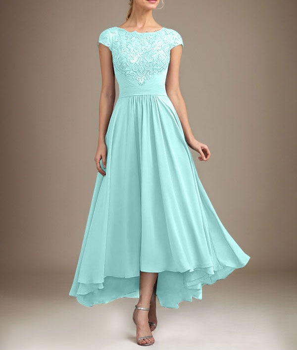 A-line Scoop Illusion Asymmetrical Lace Chiffon Mother of the Bride Dress With Pleated
