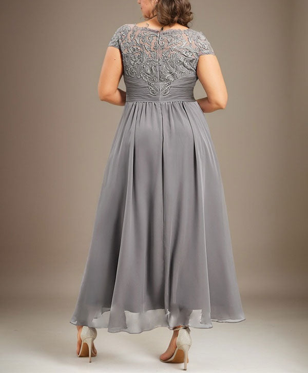 A-line Scoop Illusion Asymmetrical Lace Chiffon Mother of the Bride Dress With Pleated