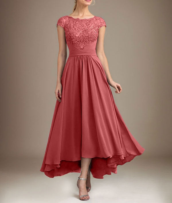 A-line Scoop Illusion Asymmetrical Lace Chiffon Mother of the Bride Dress With Pleated