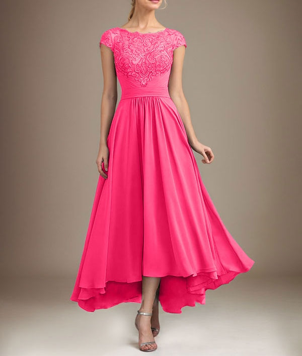 A-line Scoop Illusion Asymmetrical Lace Chiffon Mother of the Bride Dress With Pleated