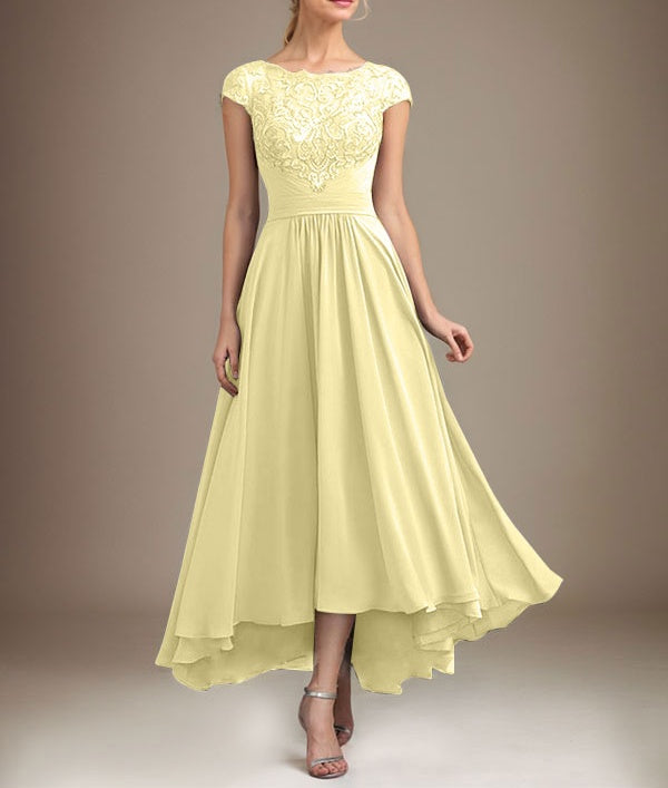 A-line Scoop Illusion Asymmetrical Lace Chiffon Mother of the Bride Dress With Pleated