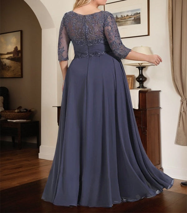 A-line Scoop Illusion Floor-Length Chiffon Lace Mother of the Bride Dress With Pleated Sequins