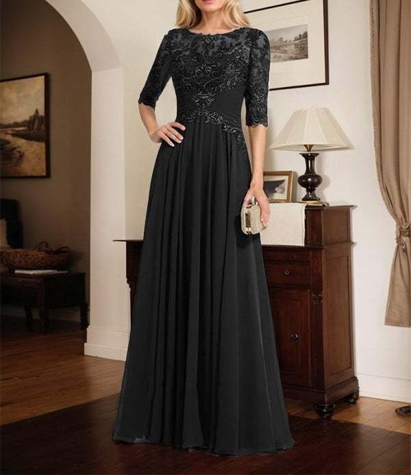 A-line Scoop Illusion Floor-Length Chiffon Lace Mother of the Bride Dress With Pleated Sequins