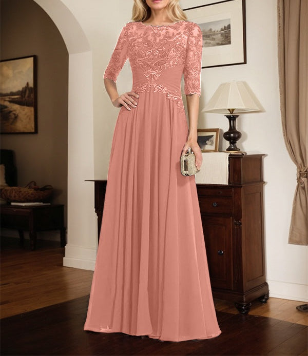 A-line Scoop Illusion Floor-Length Chiffon Lace Mother of the Bride Dress With Pleated Sequins