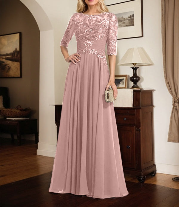 A-line Scoop Illusion Floor-Length Chiffon Lace Mother of the Bride Dress With Pleated Sequins