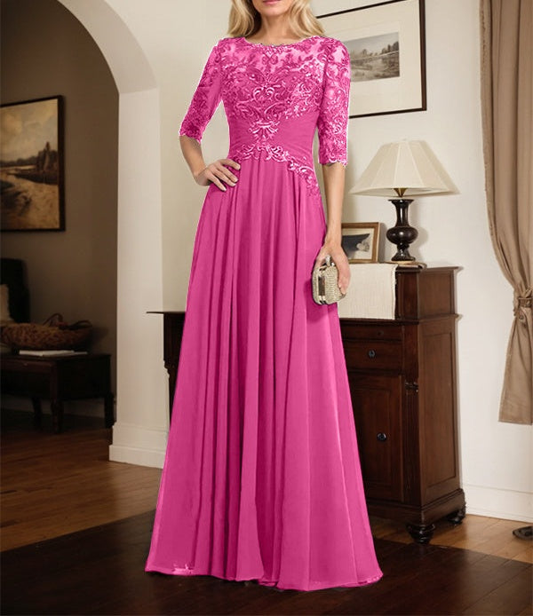 A-line Scoop Illusion Floor-Length Chiffon Lace Mother of the Bride Dress With Pleated Sequins