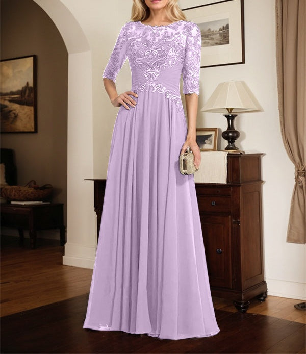 A-line Scoop Illusion Floor-Length Chiffon Lace Mother of the Bride Dress With Pleated Sequins