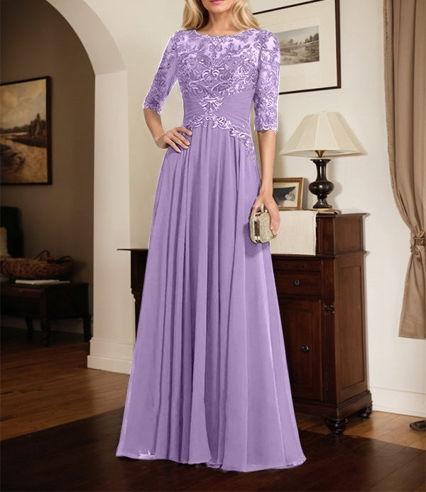 A-line Scoop Illusion Floor-Length Chiffon Lace Mother of the Bride Dress With Pleated Sequins