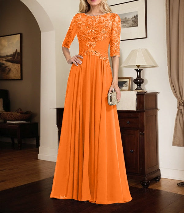A-line Scoop Illusion Floor-Length Chiffon Lace Mother of the Bride Dress With Pleated Sequins