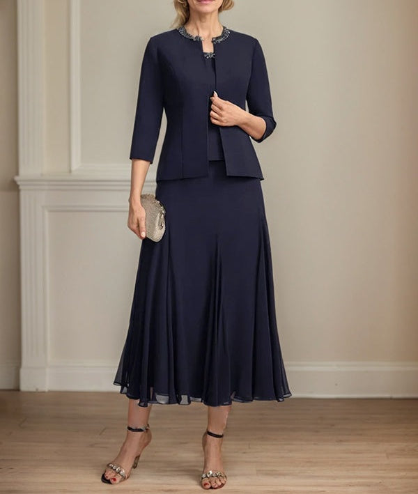 Separates A-line Scoop Tea-Length Chiffon Mother of the Bride Dress With Sequins Beading